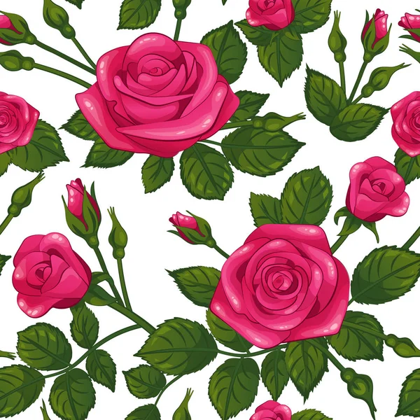 Pink Flower Rose Pattern White Background Seamless Vector Illustration Buds — Stock Vector