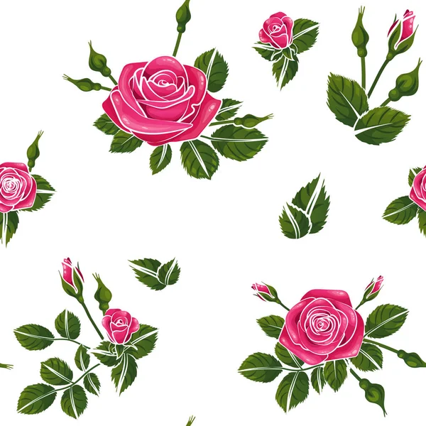 Pink Flower Rose Pattern White Background Seamless Vector Illustration Buds — Stock Vector
