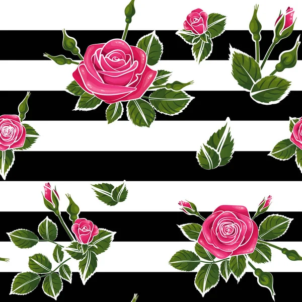 Red Roses Pattern Seamless Stripes Green Leafs Black White Lines — Stock Vector