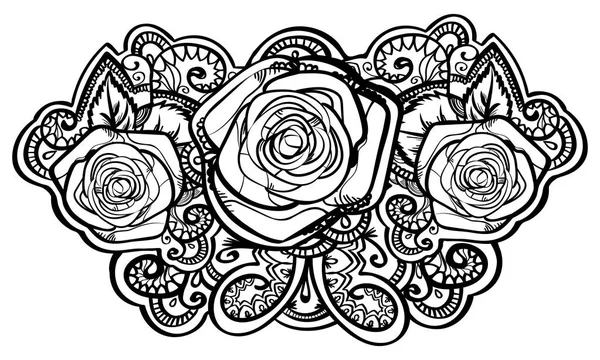 yapraklar ve tracery doodle ile güzel kırmızı gül kompozisyon, siyah anahat çizgi sanat beyaz izole. vektör illüstrasyon