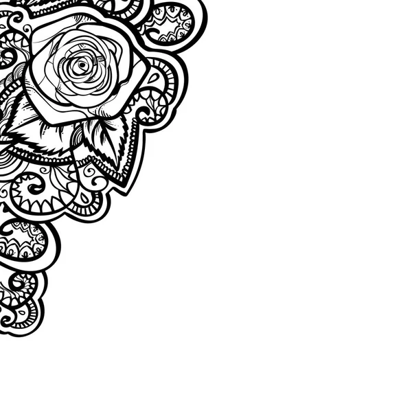 Bordure Cadre Roses Avec Des Feuilles Mehndi Noir Blanc Doodle — Image vectorielle