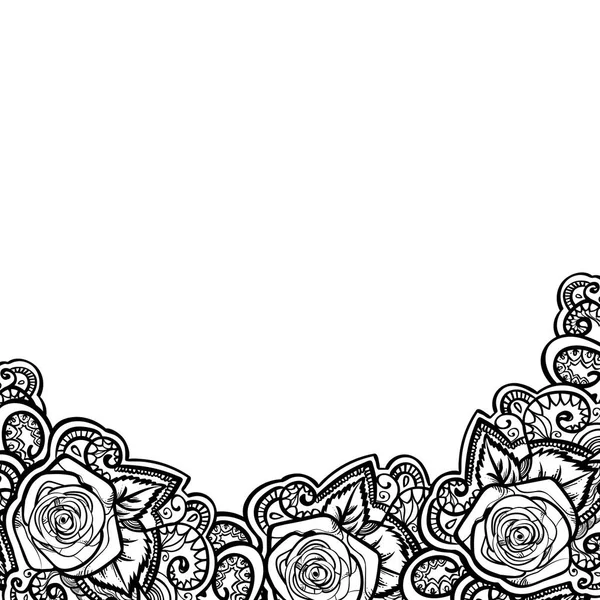 Roses Frame Border Leaves Mehndi Black White Doodle Ornament Hand — Stock Vector