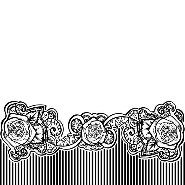 Rosas Moldura Borda Com Folhas Mehndi Preto Branco Doodle Ornamento — Vetor de Stock