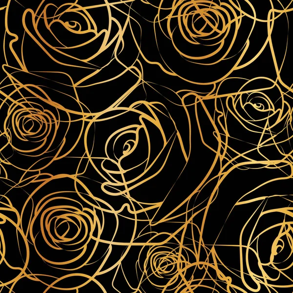 フラットゴールドローズ花のシルエットパターン 黒の背景にシームレスな繰り返しテクスチャ壁紙 — ストックベクタ