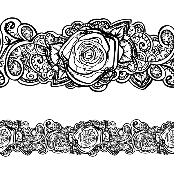 Plano Rojo Rosas Negras Flor Silueta Horizontal Patrón Encaje Borde — Vector de stock