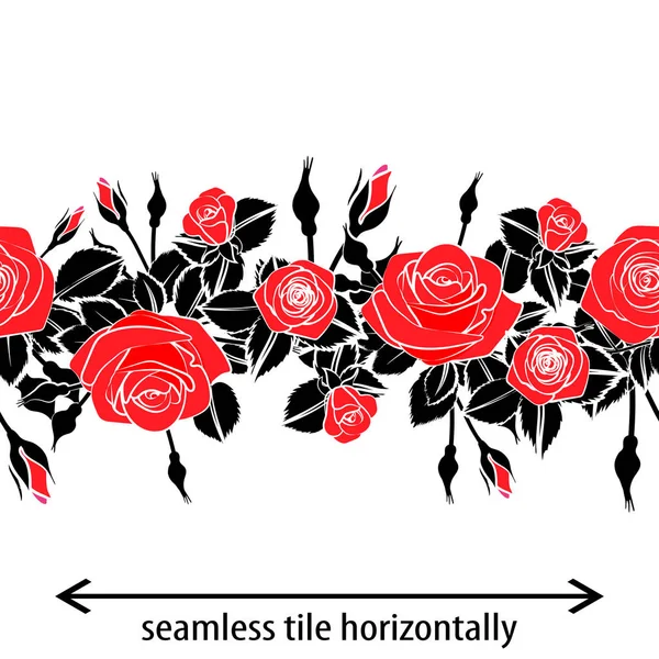 平面红色黑玫瑰花剪影水平图案蕾丝丝带边框 可重复无缝瓷砖 — 图库矢量图片