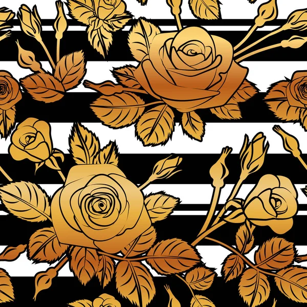 Roses Dorées Sur Motif Rayures Blanches Noires Tissu Textile Imprimé — Image vectorielle