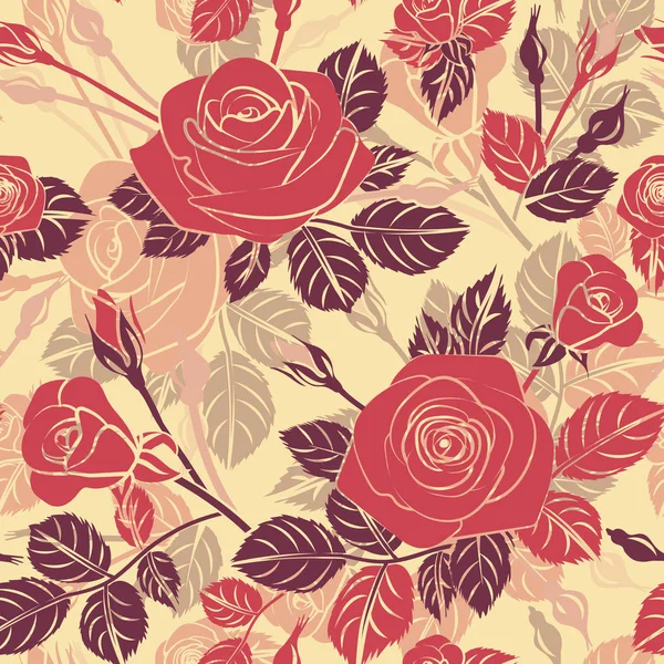 Beautiful Dark Red Vintage Roses Pattern White Background Seamless Repeat — Stock Vector