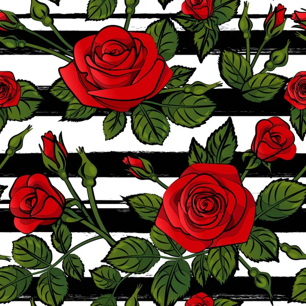Red Roses Pattern Seamles Stripes Green Leafs Black White Lines — Stock Vector