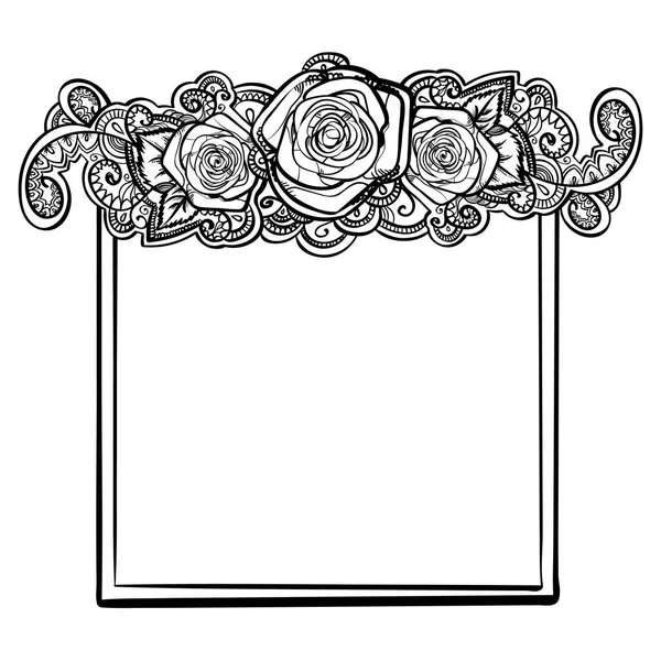 Hand Drawn Roses Doodle Frame Ethnic Outline Line Art Contour — Stock Vector