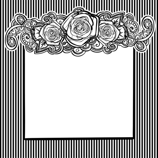 玫瑰边框 叶和梅恩迪 黑白相间的点缀手绘 矢量横幅图解背景 — 图库矢量图片