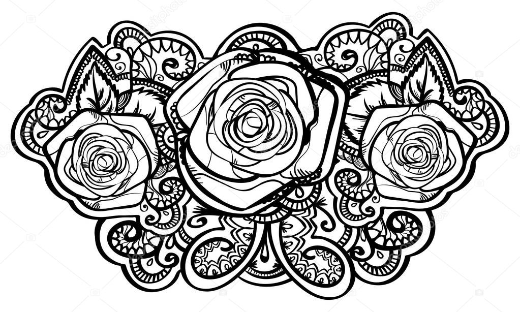 beautiful red roses composition with leafs and tracery doodle , black outline line art isolated on white. vector illustration