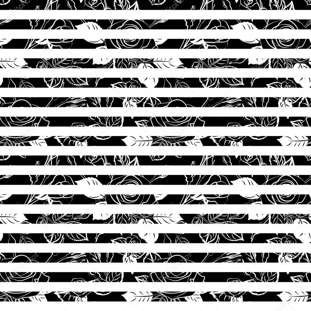 roses seamless pattern on black and white stripes, vector repeatable illustration of textile fabric