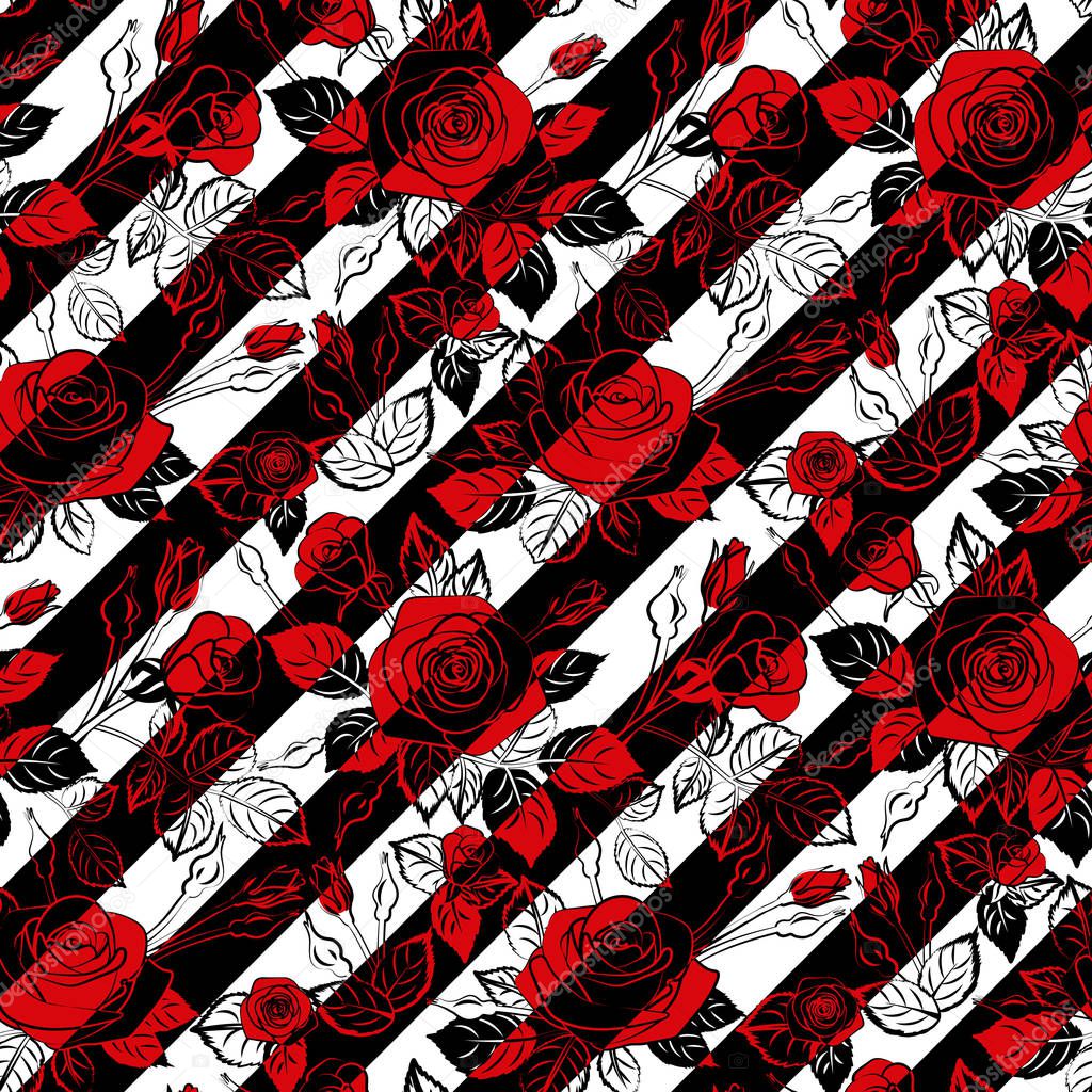 red roses pattern seamles diagonal stripes with graphic leafs black and white lines, vector repeat tile