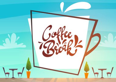 kahve molası yazı tasarımı, el yazısı metin işareti. espresso kahve kap sabah içki Cafe Shop. parlak neşeli mutlu vektör karikatür çizim