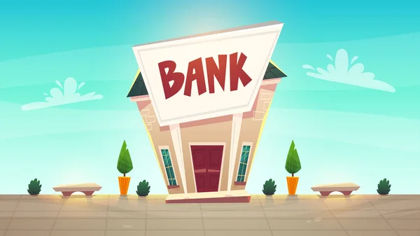 Cartoon Bankkantoor Straat Illustratie Van Stad Gelukkig Financiële Bedrijf Schaven — Stockvector