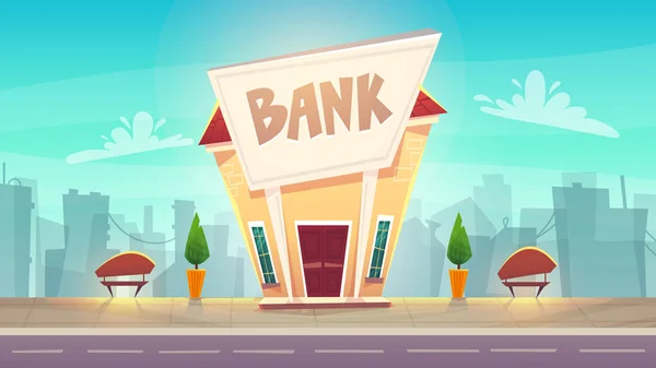 Cartoon Bank Branch City Street Illustration Happy Financial Business Planing — Stock Vector