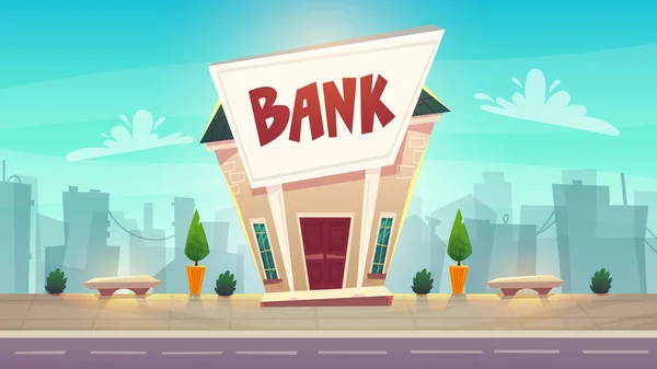漫画銀行支店都市通りの図 幸せな金融ビジネスの滑走 証券取引所金融ベクトルのお金 セーフティ ボックスやクレジット — ストックベクタ