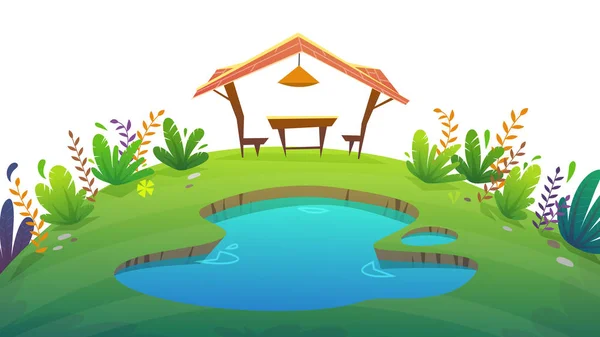 Cartoon Picnic Camping Funny Style Lake Pond Water Green Grass — Stock Vector