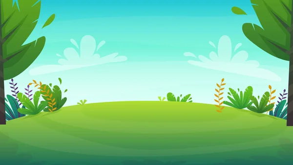 Зеленая Трава Луг Парке Лесных Деревьев Кустарников Цветы Декорации Фон — стоковый вектор