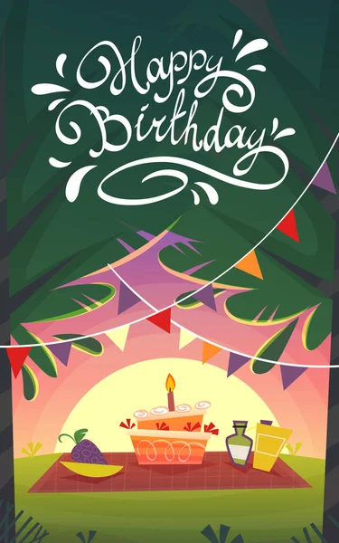 Happy Cartoon Grappige Verjaardagskaart Picknick Barbecue Feest Bbq Natuur Landschap — Stockvector