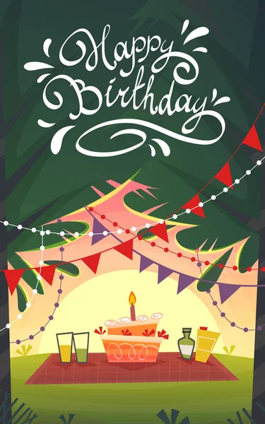 Feliz Aniversário Cartoon Cartão Engraçado Piquenique Churrasco Celebração Natureza Paisagem —  Vetores de Stock