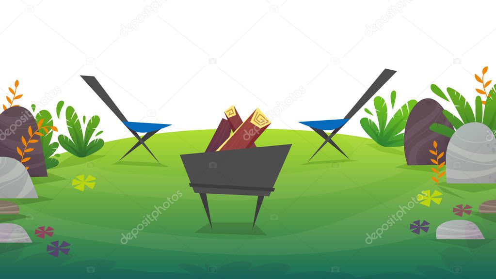 picnic grill at park forest rest camping at lake or sea . wild tourism weekend at green grass field and trees , nature plants . beautiful serenity cheerful cartoon style , vector background
