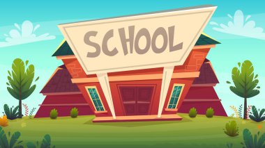 geri okul resimde için. kırmızı sokak eğitim bina fasade karikatür komik mutlu tarzı. vektör çizim