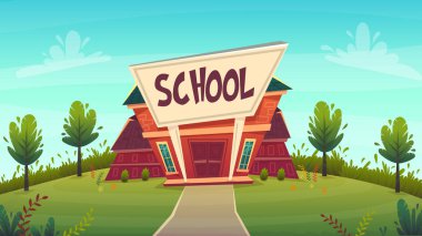 okul. bilgi komik karikatür arka plan, sıcak sonbahar eğitim kartı kapağını kırmızı yeşil parlak renkleri açık mavi gökyüzü bulutlu gün. lise komik stil vektör çizim 