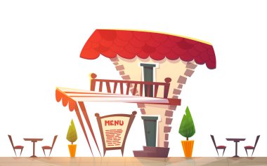 sokak Restoran Cafe caffee dükkanı kavramının. karikatür deposu ortaçağ tarzı. parlak neşeli mutlu ruh hali iş öğle yemekleri teslim. komik vektör çizim