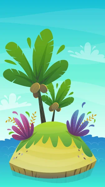 Rajzfilm Lakatlan Trópusi Sziget Kókusz Pálmafa Egzotikus Vicces Növények Nyári — Stock Vector