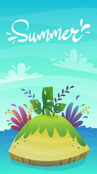 Kreslený Pouštní Tropický Ostrov Kokosovou Palmou Exotickými Legračními Rostlinami Letní — Stockový vektor
