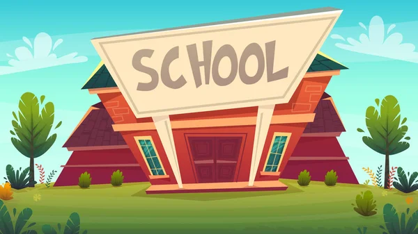 Kembali Ilustrasi Sekolah Bangunan Merah Pendidikan Fasade Kartun Lucu Gaya - Stok Vektor