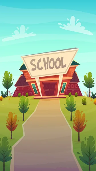 Illustration Retour École Bâtiment Rouge Rue Éducation Fasade Dessin Animé — Image vectorielle