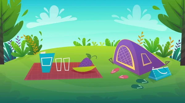 Orman Dinlenme Çadırı Gıda Piknik Ile Kırmızı Çadırda Kamp Yeşil — Stok Vektör