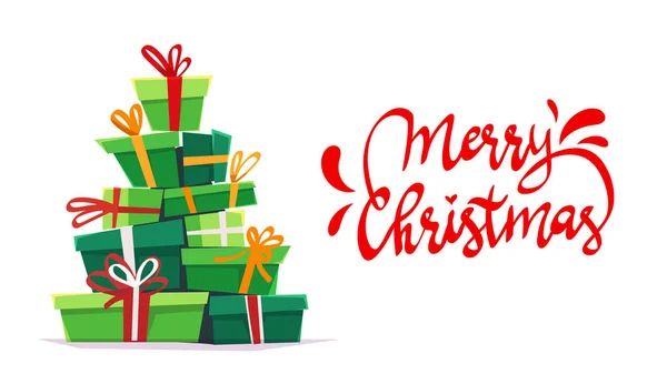 Beaucoup Cadeaux Empilent Triangle Comme Forme Sapin Noël Avec Étoile — Image vectorielle