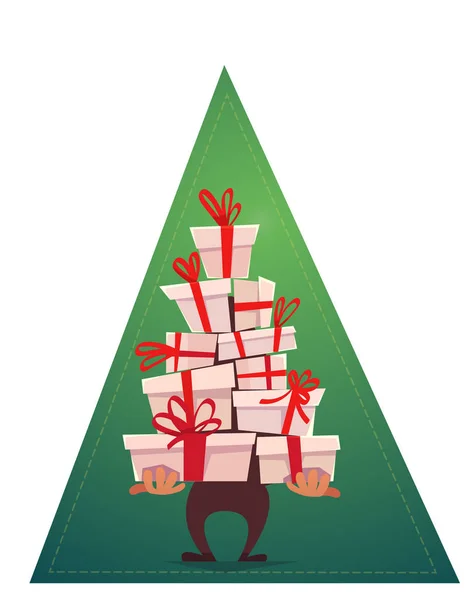 Багато Подарунків Складають Трикутник Різдвяна Ялинка Зелений Червоний Білий Мультфільм — стоковий вектор