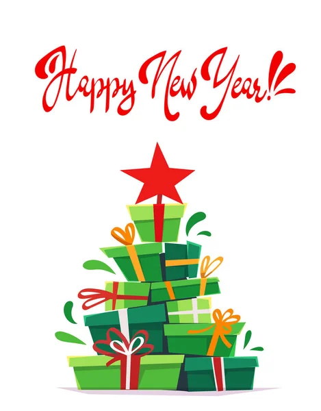 Mutlu Yeni Yıl Kartpostal Tebrik Daveti Çok Birçok Hediye Kutuları — Stok Vektör