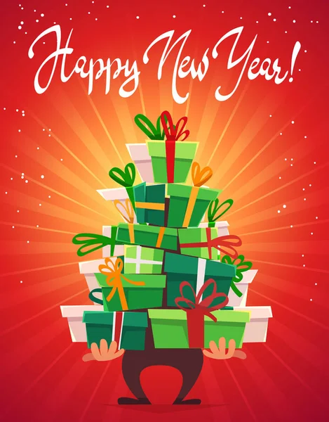 Felice Anno Nuovo Cartolina Invito Festa Auguri Molte Scatole Regalo — Vettoriale Stock