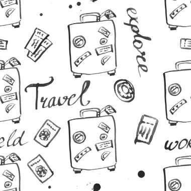 Bagaj seamless modeli seyahat. moda elle çizilmiş mürekkep stil üzerinde beyaz backgrownd izole siyah dağılımı satırlarla. Kağıt arka plan illüstrasyon kaydırma tekstil kumaş için tekrarlanabilir doku