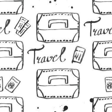 Bagaj seamless modeli seyahat. moda elle çizilmiş mürekkep stil üzerinde beyaz backgrownd izole siyah dağılımı satırlarla. Kağıt arka plan illüstrasyon kaydırma tekstil kumaş için tekrarlanabilir doku