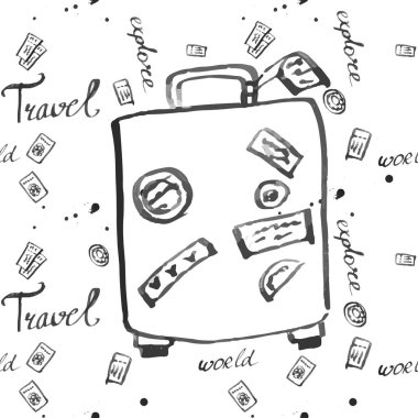 Bagaj seamless modeli seyahat. moda elle çizilmiş mürekkep stil üzerinde beyaz backgrownd izole siyah dağılımı satırlarla. Kağıt arka plan illüstrasyon kaydırma tekstil kumaş için tekrarlanabilir doku