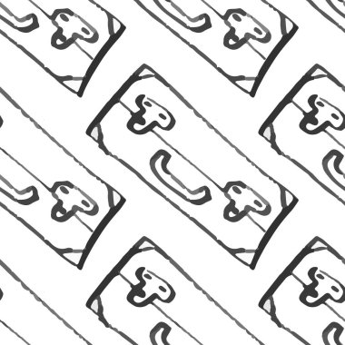 Bagaj seamless modeli seyahat. moda elle çizilmiş mürekkep stil üzerinde beyaz backgrownd izole siyah dağılımı satırlarla. Kağıt arka plan illüstrasyon kaydırma tekstil kumaş için tekrarlanabilir doku