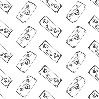 Bagaj seamless modeli seyahat. moda elle çizilmiş mürekkep stil üzerinde beyaz backgrownd izole siyah dağılımı satırlarla. Kağıt arka plan illüstrasyon kaydırma tekstil kumaş için tekrarlanabilir doku