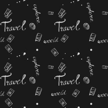 Bilet seamless modeli seyahat. moda elle çizilmiş mürekkep stil üzerinde siyah backgrownd izole beyaz dağılımı satırlarla. yinelenebilir doku kağıt ambalaj tekstil kumaş için. vektör çizim
