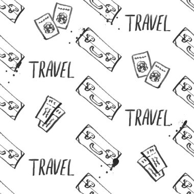 Bagaj seamless modeli seyahat. moda elle çizilmiş mürekkep stil üzerinde beyaz backgrownd izole siyah dağılımı satırlarla. Kağıt arka plan illüstrasyon kaydırma tekstil kumaş için tekrarlanabilir doku