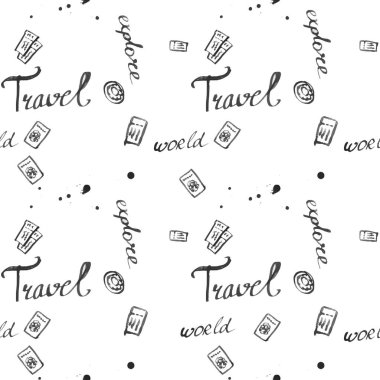 Bagaj seamless modeli seyahat. moda elle çizilmiş mürekkep stil üzerinde beyaz backgrownd izole siyah dağılımı satırlarla. Kağıt arka plan illüstrasyon kaydırma tekstil kumaş için tekrarlanabilir doku