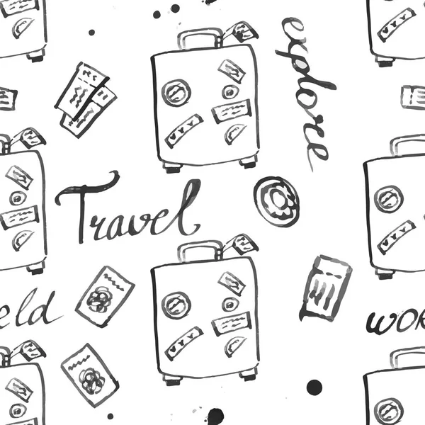 Bagaj seamless modeli seyahat. moda elle çizilmiş mürekkep stil üzerinde beyaz backgrownd izole siyah dağılımı satırlarla. Kağıt arka plan illüstrasyon kaydırma tekstil kumaş için tekrarlanabilir doku