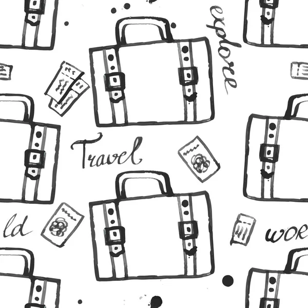 Bagaj seamless modeli seyahat. moda elle çizilmiş mürekkep stil üzerinde beyaz backgrownd izole siyah dağılımı satırlarla. Kağıt arka plan illüstrasyon kaydırma tekstil kumaş için tekrarlanabilir doku