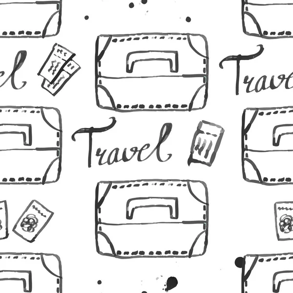 Bagaj seamless modeli seyahat. moda elle çizilmiş mürekkep stil üzerinde beyaz backgrownd izole siyah dağılımı satırlarla. Kağıt arka plan illüstrasyon kaydırma tekstil kumaş için tekrarlanabilir doku